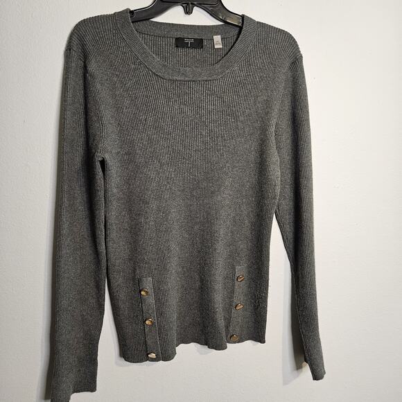 TAHARI Charcoal Gray Ribbed Pullover Sweater with Silver Button Accents Sz L - Picture 1 of 9